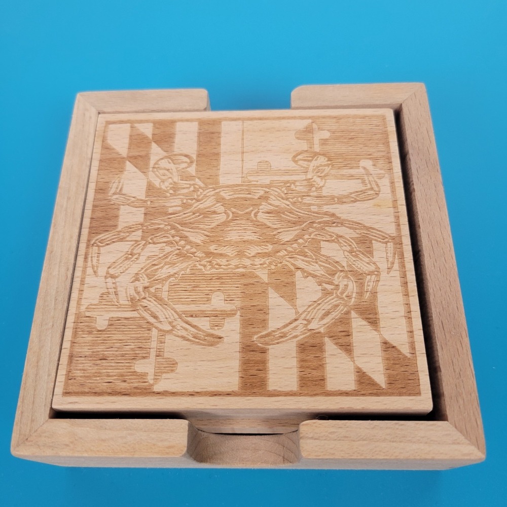 Maryland State Pride Wooden Coaster Set of 4 w/Holder Laser Engraved Beech Wood